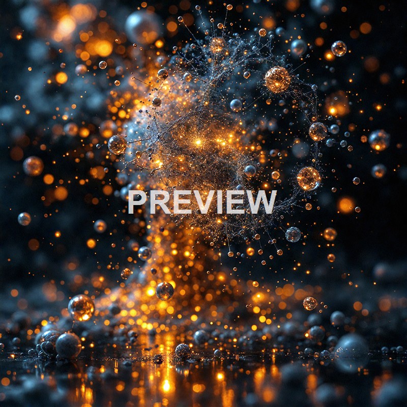 The image depicts a highly detailed, close-up view of a complex, glowing network of interconnected particles and orbs, illuminated with warm golden and cool blue tones, creating an abstract, luminous web against a dark background.